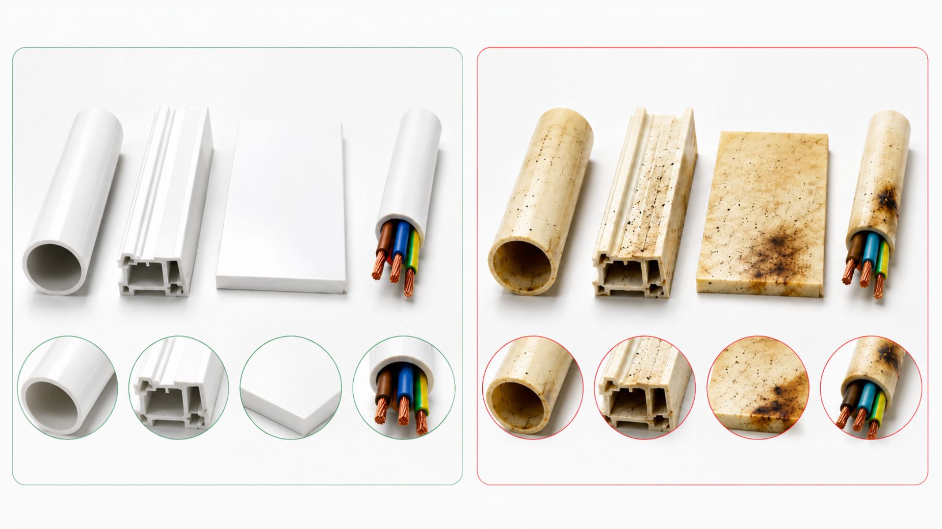 Common signs of PVC thermal degradation including discoloration and black specks