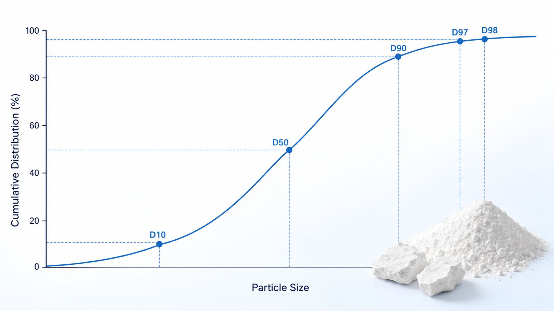 Particle size distribution shows how GCC particles are distributed across different size ranges