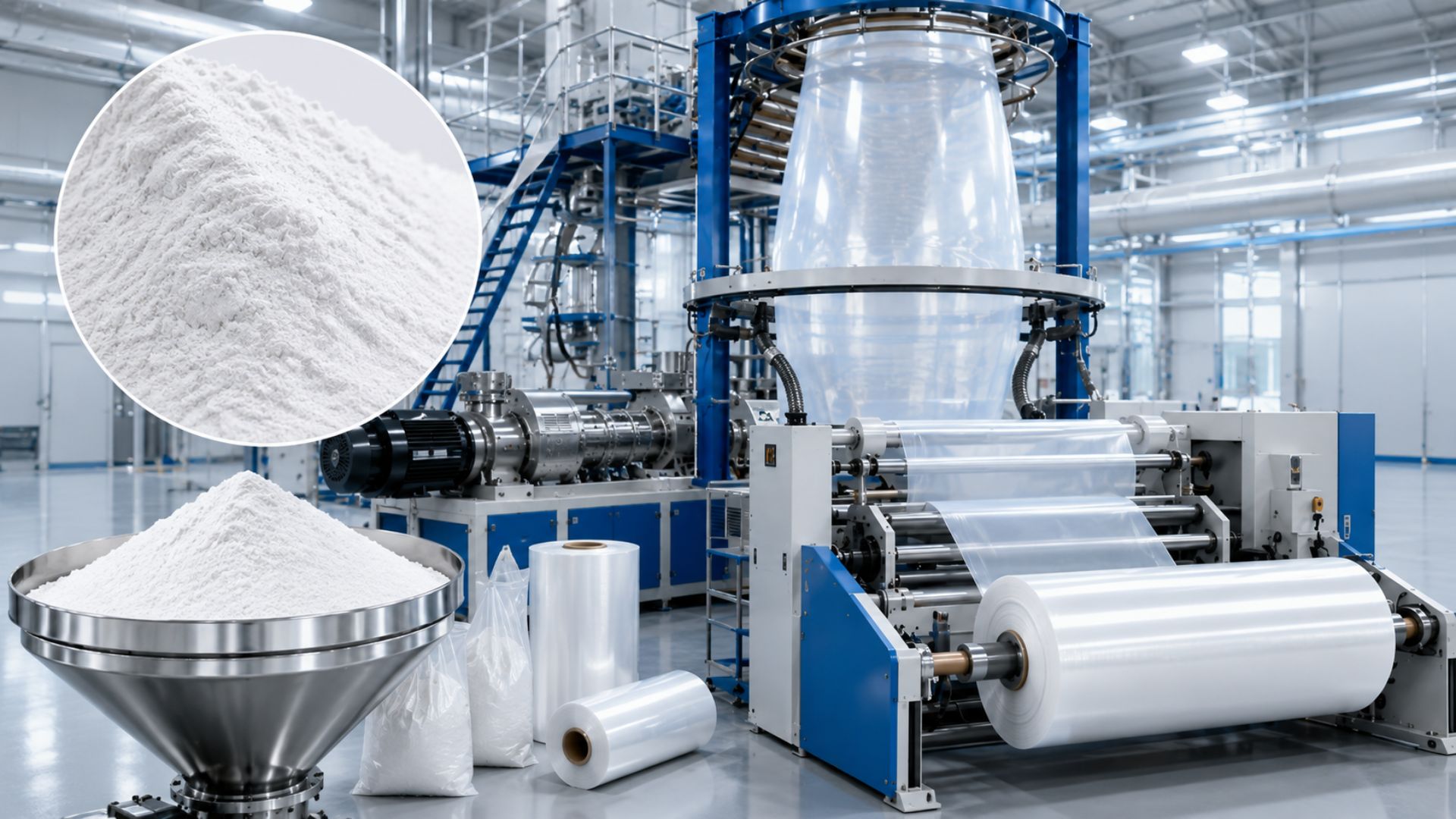 Blown film extrusion line used for manufacturing polyethylene films with Ground calcium carbonate 