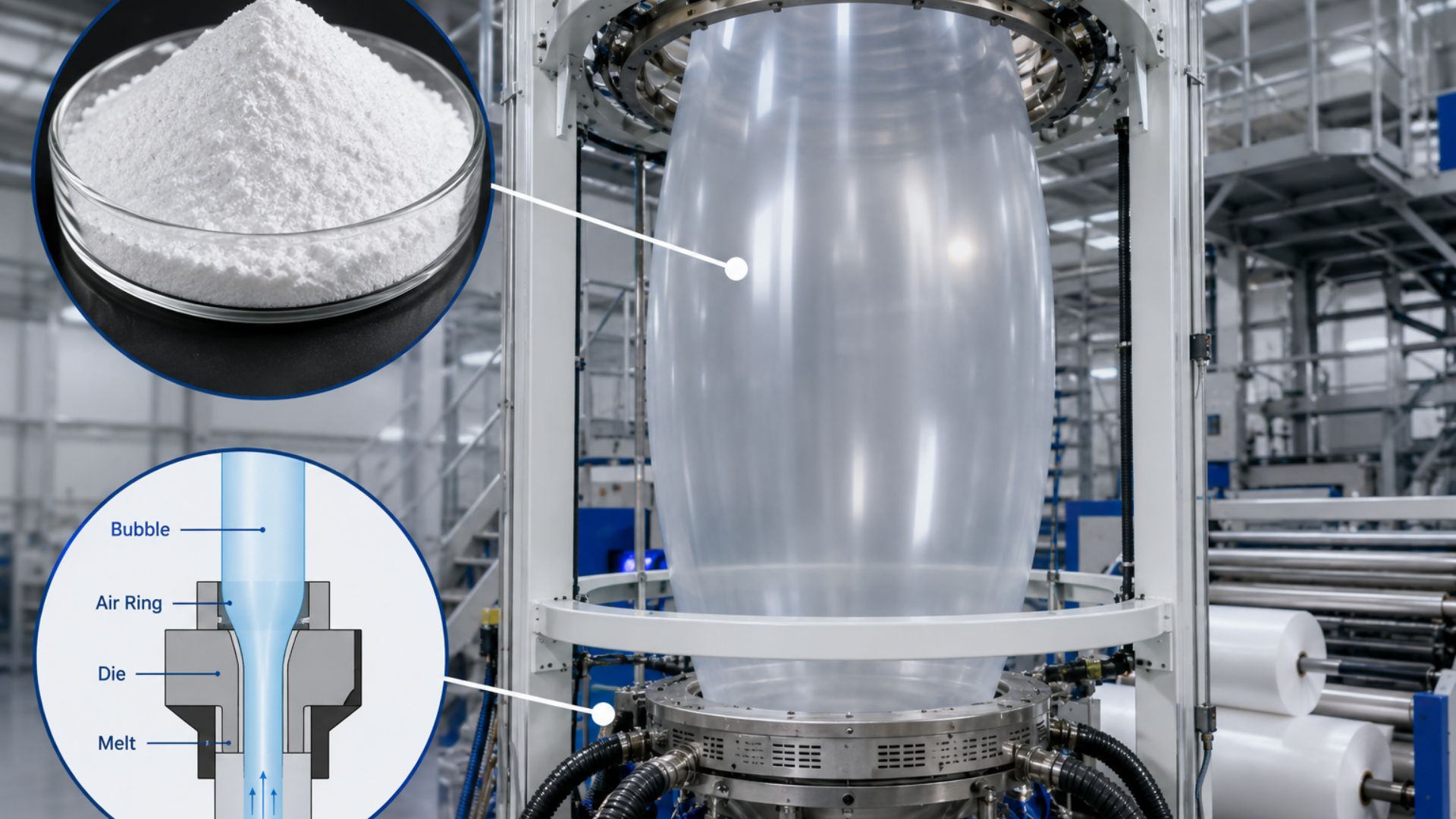 Stable bubble formation depends on balanced melt rheology, extrusion pressure, and uniform Ground calcium carbonate dispersion
