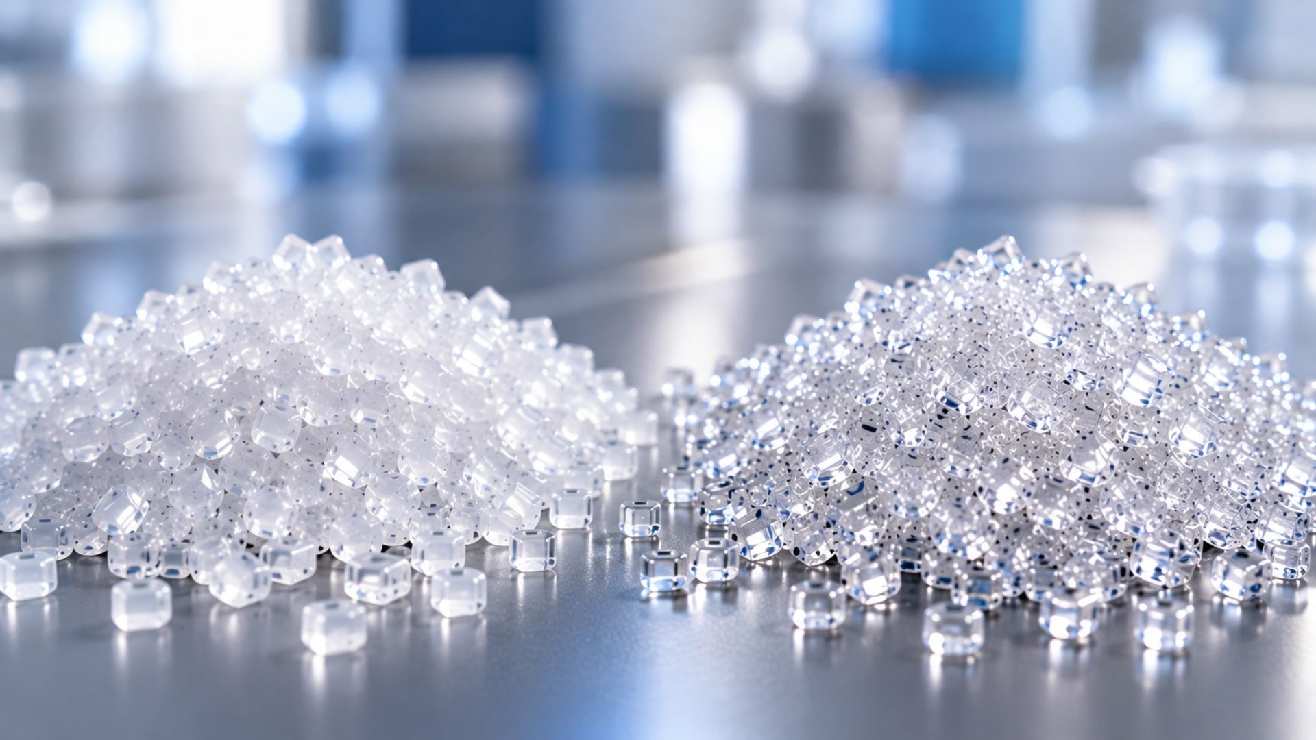 HIPS and GPPS in their typical pellet form, showing the distinct physical appearance of two commonly used polystyrene grades