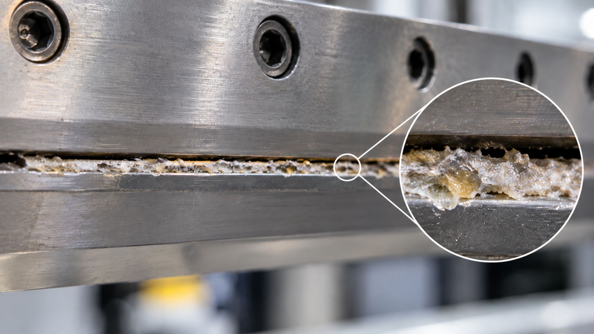 Plate-out deposits accumulating around the die lip during PVC extrusion.
