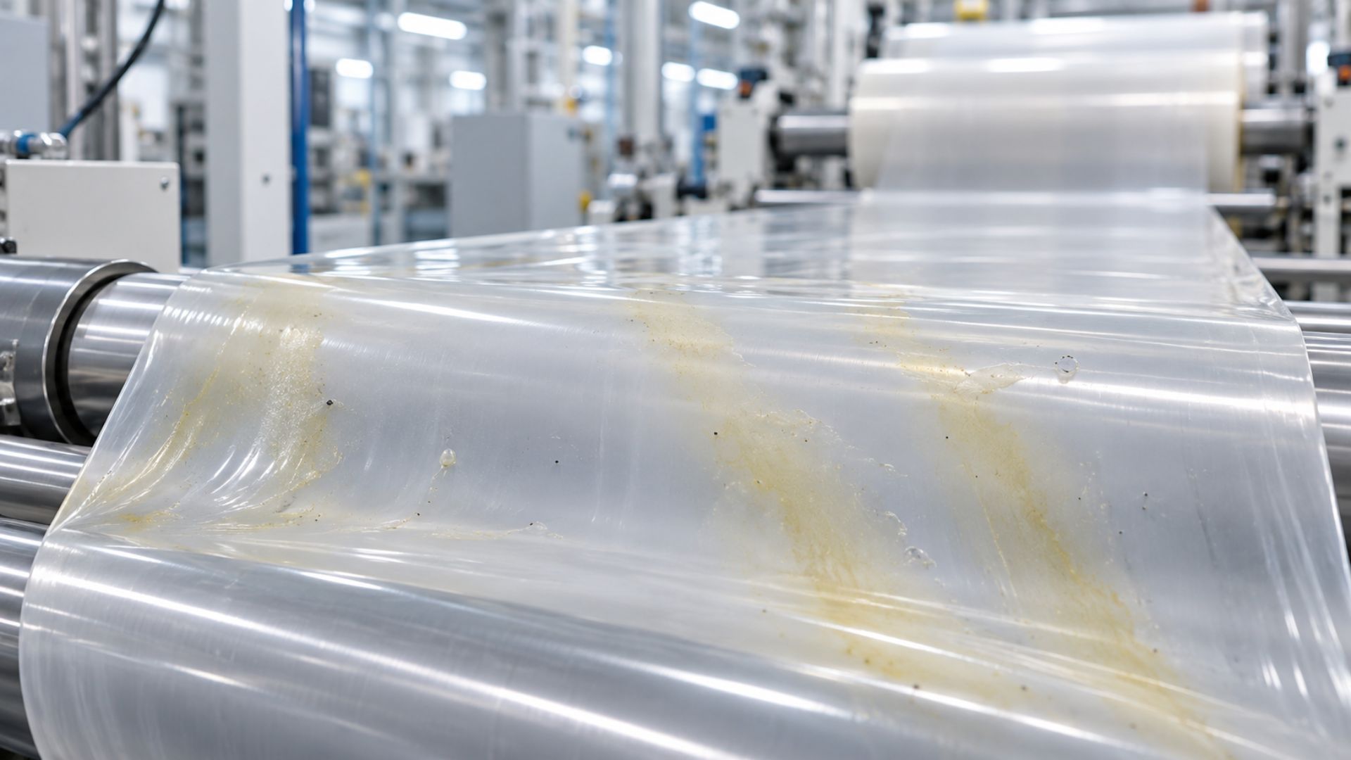 Polyethylene thermal degradation may cause yellowish-brown discoloration in polyethylene film, indicating possible changes in the polymer or additives