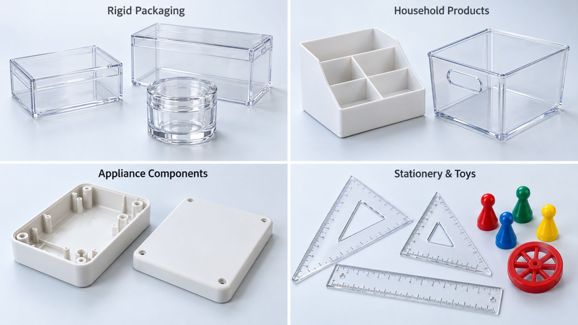 PS resin is used in injection-molded products requiring specific appearance and mechanical properties