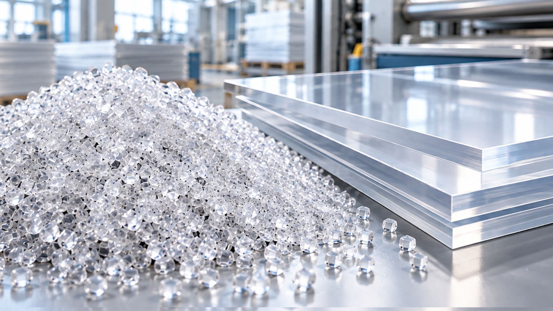 PS resin pellets and extruded plastic sheet